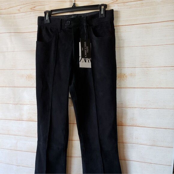 Zara Lambskin Suede Bootcut High-Waist Stretch Pants Limited Edition Medium Blac - Picture 3 of 12